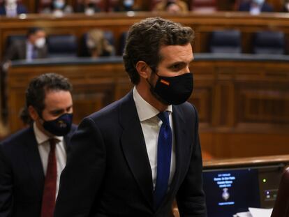 El líder del PP, Pablo Casado, durante el pleno del Congreso de los Diputados, el pasado 3 de febrero.