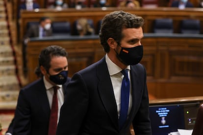 El líder del PP, Pablo Casado, durante el pleno del Congreso de los Diputados, el pasado 3 de febrero.