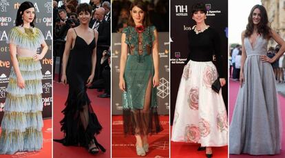 Bárbara Lennie (de Gucci, en los Goya de 2017), Úrsula Corberó (de Diane Von Furstenberg, en Cannes en 2018), María Valverde (de Gucci, en Málaga en 2016), Maribel Verdú (de Dior, en los Goya de 2013) y Macarena García (de Santos Costura, en San Sebastián en 2018), con estilismos de José Juan Rodríguez y Paco Casado.