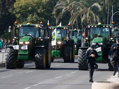 Miles de agricultores y representantes de asociaciones agrarias de la provincia de Huelva, durante la manifestación realizada este jueves.
