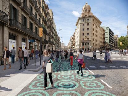 Imagen virtual de la reforma con urbanismo táctico en la calle de Pelai para ensanchar aceras.