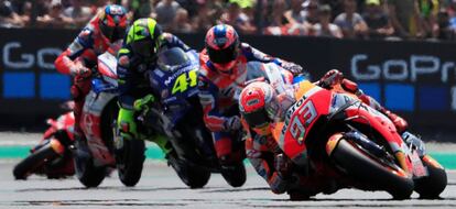 Márquez, Petrucci, Rossi y Miller, en Le Mans.