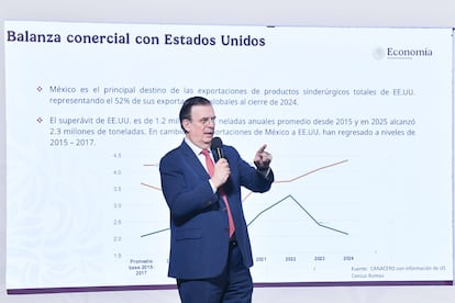 Marcelo Ebrard durante la conferencia matutina en Palacio Nacional.