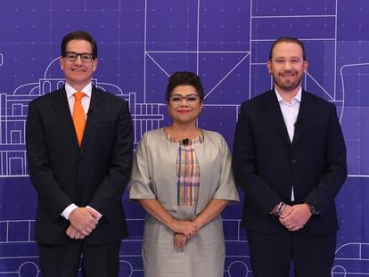 Salomón Chertorivski, Clara Brugada y Santiago Taboada, candidatos al Gobierno de Ciudad de México, el 12 de mayo de 2024.