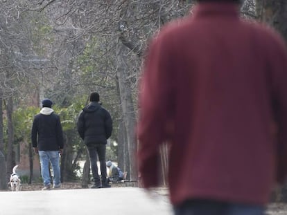 Dos vendedores pasean por el parque del Retiro (Madrid), a principios de febrero.