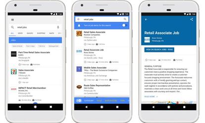 Varias pantallas muestran cómo funciona el servicio de Google para buscar ofertas de empleo.