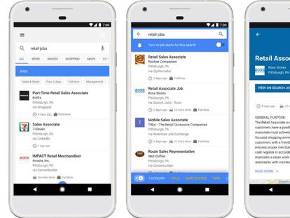 Varias pantallas muestran cómo funciona el servicio de Google para buscar ofertas de empleo.