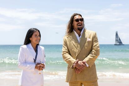 Daniela Fernandez, left, founder and CEO of Sustainable Ocean Alliance, and actor and ocean activist Jason Momoa