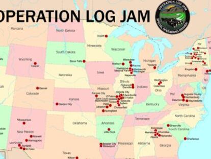 Mapa de las ciudades en las que se ha llevado a cabo la Operación Log Jam.