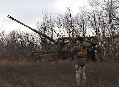 A Krab howitzer fires at Russian positions on February 6 in Chasiv Yar.