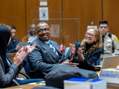 Maurice Hastings, who spent more than 38 years behind bars for a 1983 murder he did not commit, is applauded while appearing at a court in Los Angeles where a judge officially found him to be factually innocent on Wednesday, March 1, 2023.