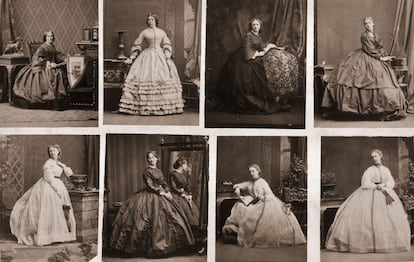 Los retratistas hacen que el retrato sea mucho más barato y se convierte en el primer producto de masas de la historia. Las cartas de visita constaban de una serie de retratos distintos que la persona entrega a sus conocidos. En la imagen, serie de fotografías como carta de visita, realizadas por un fotógrafo anónimo en 1860.