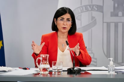 La ministra de Sanidad, Carolina Darias, durante la rueda de prensa tras la reunión del Consejo Interterritorial del Sistema Nacional de Salud, el miércoles.