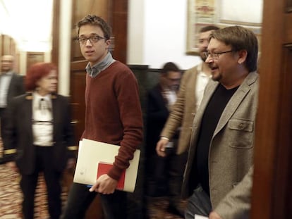 Congreso de los Diputados. Reuni&oacute;n de la Junta de Portavoces. Los diputados de Ahora Podemos, &Iacute;&ntilde;igo Errej&oacute;n (I&ntilde;igo Errejon) y Xavier Domenech. 