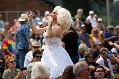 A drag performer is seen preforming during a drag show at the Lynne Sherwood Waterfront Stadium in Grand Haven, Michigan, on June 10, 2023.