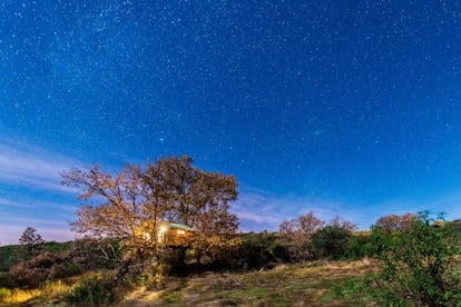 Elevadas entre dos y ocho metros sobre el suelo de un robledal en la extremeña sierra de Gata, las cinco cabañas de este alojamiento rural, dispersas en una finca junto al embalse de Rivera de Gata, están equipadas con calefacción, baño ecológico y un lavamanos (las duchas están en la casa principal de recepción).