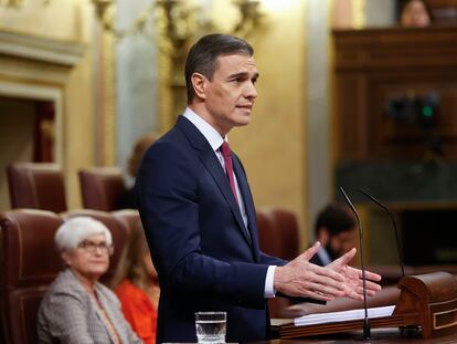 MADRID, 15/11/2023.- el secretario general del PSOE y presidente del Gobierno en funciones, Pedro Sánchez, interviene ante Congreso, donde se celebra el primer día del debate de investidura en el que Sánchez expone su nuevo programa de Gobierno y pide la confianza a la Cámara para revalidar su mandato en la Moncloa, este miércoles en Madrid. EFE/ Juan Carlos Hidalgo
