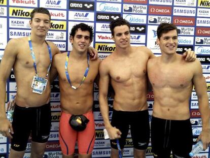 Dur&aacute;n, Puig, Mart&iacute;n y S&aacute;nchez, tras el relevo 4x200m libres.