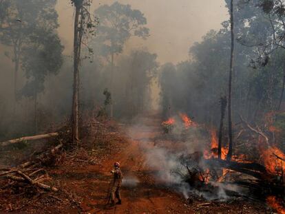 Un bombero de la operación Abafa Amazonía intenta apagar un incendio en Mato Grosso.