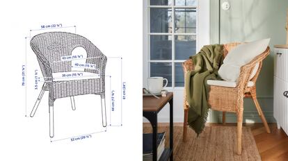 Detalle de las medidas del sillón de ratán natural. IKEA
