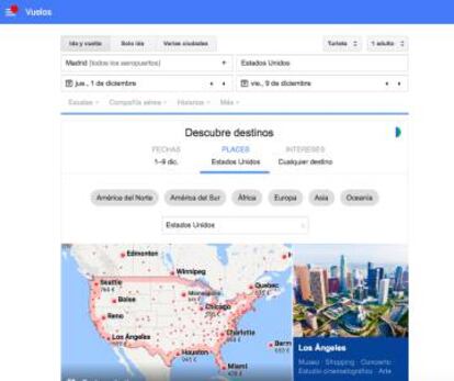 Captura de pantalla de Google Flights, l'eina per comprar bitllets d'avió.
