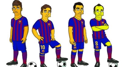 From left to right: Neymar, Messi, Xavi and Iniesta in their 'Simpsons' form.