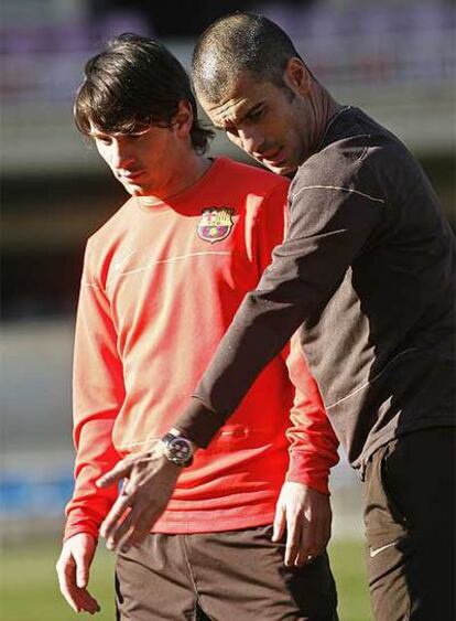 Messi y Guardiola, durante el entrenamiento