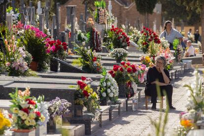 Una mujer sentada junto a la tumba de un ser querido en el cementerio de Nuestro Padre Jesús de Murcia, este miércoles.