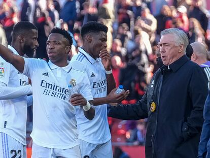 Carlo Ancelotti habla con Vinicius Júnior durante el Mallorca-Real Madrid del pasado domingo en Son Moix.