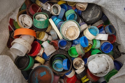 Plastic lids that have been extracted from the San Pedro River.