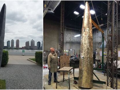 A la izquierda, la obra 'Kusikawsay', instalada en el Jardín de Esculturas de la sede de la ONU (Nueva York), a la derecha, el proceso de realización en Colombia.