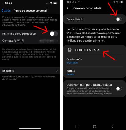 Crear puntos de acceso wifi en iOS (i) y Android (d).