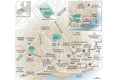 A map of downtown Lisbon showing some of the recommended spots.