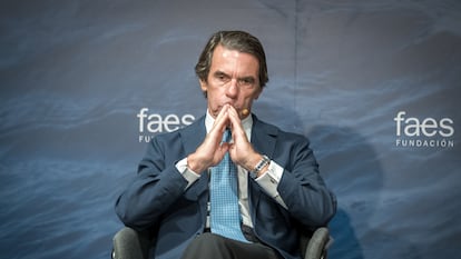 El expresidente del Gobierno José María Aznar en la inuguración del campus Faes este lunes en Madrid.
