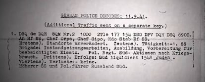 Uno de los mensajes alemanes descifrados en el que se informa de la "liquidación de 1.548 judíos".