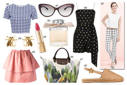 118. Pull & Bear Crop top con print de cuadros vichy. 119. Mango Gafas de sol con montura de pasta. 120. Kate Moss for Topshop Mono corto con print de corazones y lazo en la cintura. 121. Mango. 122. Chloé Eau de parfum 'Chloé'. 123. Tom Binns Pendientes de moscas. 124. Dolce & Gabbana Barra de labios. 125. See By Chloé Falda con péplum. 126. Longchamp Tote de loneta con print de flores y asas de piel. 127. Dolce & Gabbana Sandalia de rafia con suela de esparto.