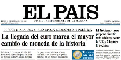 Portada de EL PAÍS del día previo a la llegada del euro.