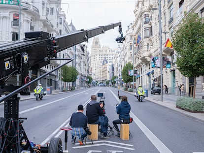 Un rodaje en la Gran Vía en Madrid.