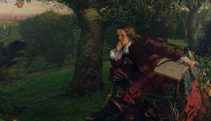 'El maestro Isaac Newton en su jardín en Woolsthorpe , en el otoño de 1665', óleo sobre lienzo (1856) de Robert Hannah, de la colección de la Royal Institution de Londres.