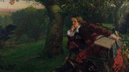 'El maestro Isaac Newton en su jardín en Woolsthorpe , en el otoño de 1665', óleo sobre lienzo (1856) de Robert Hannah, de la colección de la Royal Institution de Londres.