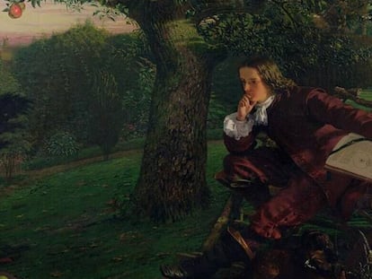 'El maestro Isaac Newton en su jardín en Woolsthorpe , en el otoño de 1665', óleo sobre lienzo (1856) de Robert Hannah, de la colección de la Royal Institution de Londres.