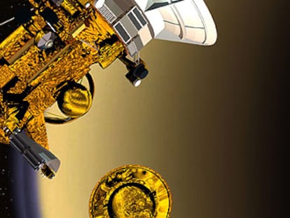 Ilustración de la sonda <i>Huygens</i> alejándose de la nave <i>Cassini </i>cerca de Saturno.
