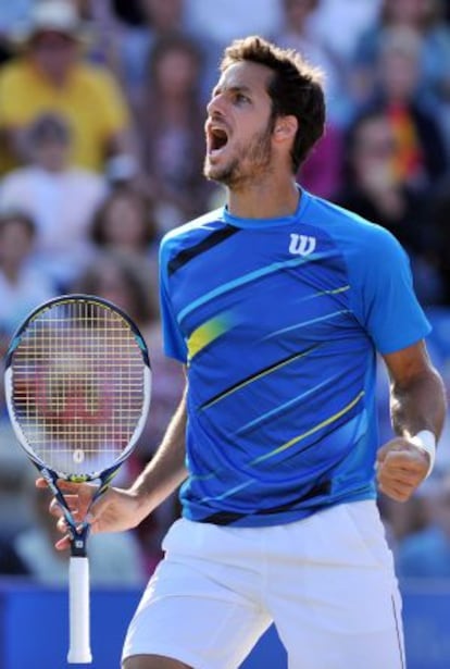 Feliciano celebra un punto en la final de Eastbourne.