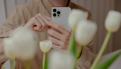 iPhone 14 detrás de una flores