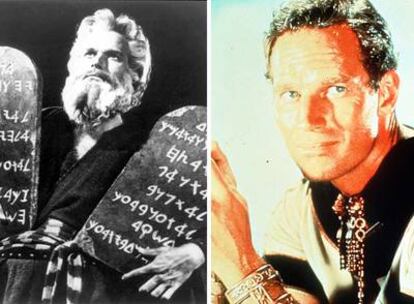 Charlton Heston caracterizado como Moisés (centro) y como Ben-Hur (derecha).
