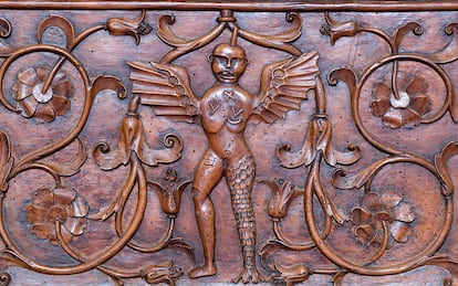 Detalle de los relieves de la sillería del coro del Monasterio de San Jerónimo de Yuste, en Cáceres, en una imagen cedida por Patrimonio Nacional.