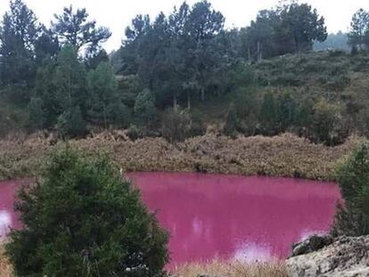 Una de las lagunas de Cañada del Hoyo, de color rosa fucsia.