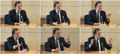 Imágenes capturadas de la señal de vídeo institucional que muestran al presidente del Gobierno, Mariano Rajoy, durante su declaración como testigo en la Audiencia Nacional en San Fernando de Henares (Madrid).