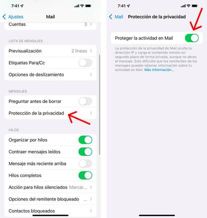 Configura la privacidad del email a través de los Ajustes.