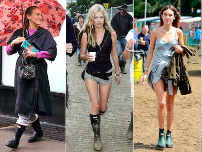 De izquierda a derecha: Sarah Jessica Parker, Kate Moss, Alexa Chung y la reina Camila, todas llevando botas Hunter.